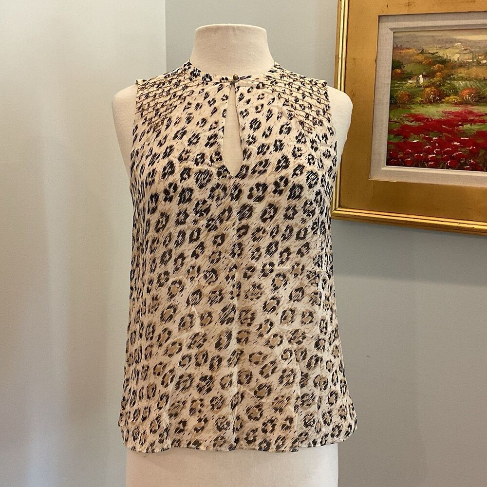 Joie‎ Leopard Print 100% Silk Smocked Corie Keyhole A-line Blouse Small NWT $228